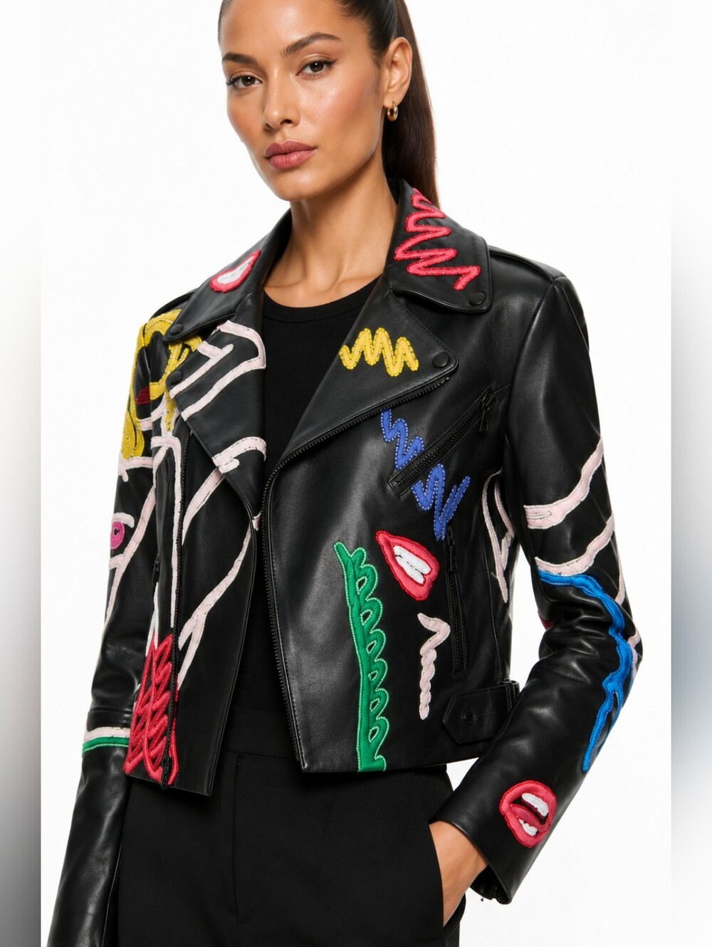 Alice + Olivia Tom Wesselmann Cody Embellished Lamb Leather Moto Jacket Small